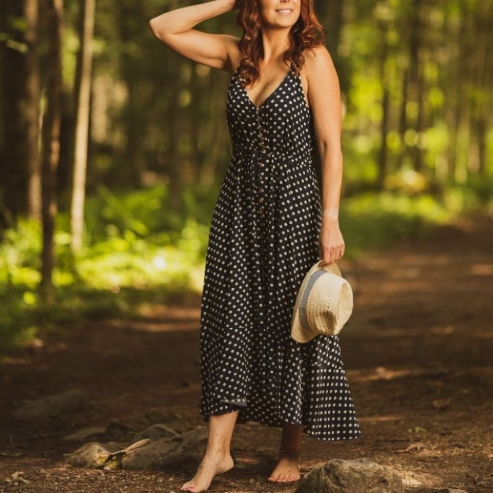 Boho Chic Button detail  Polka Dot Cami Dress - Picture 2 of 7